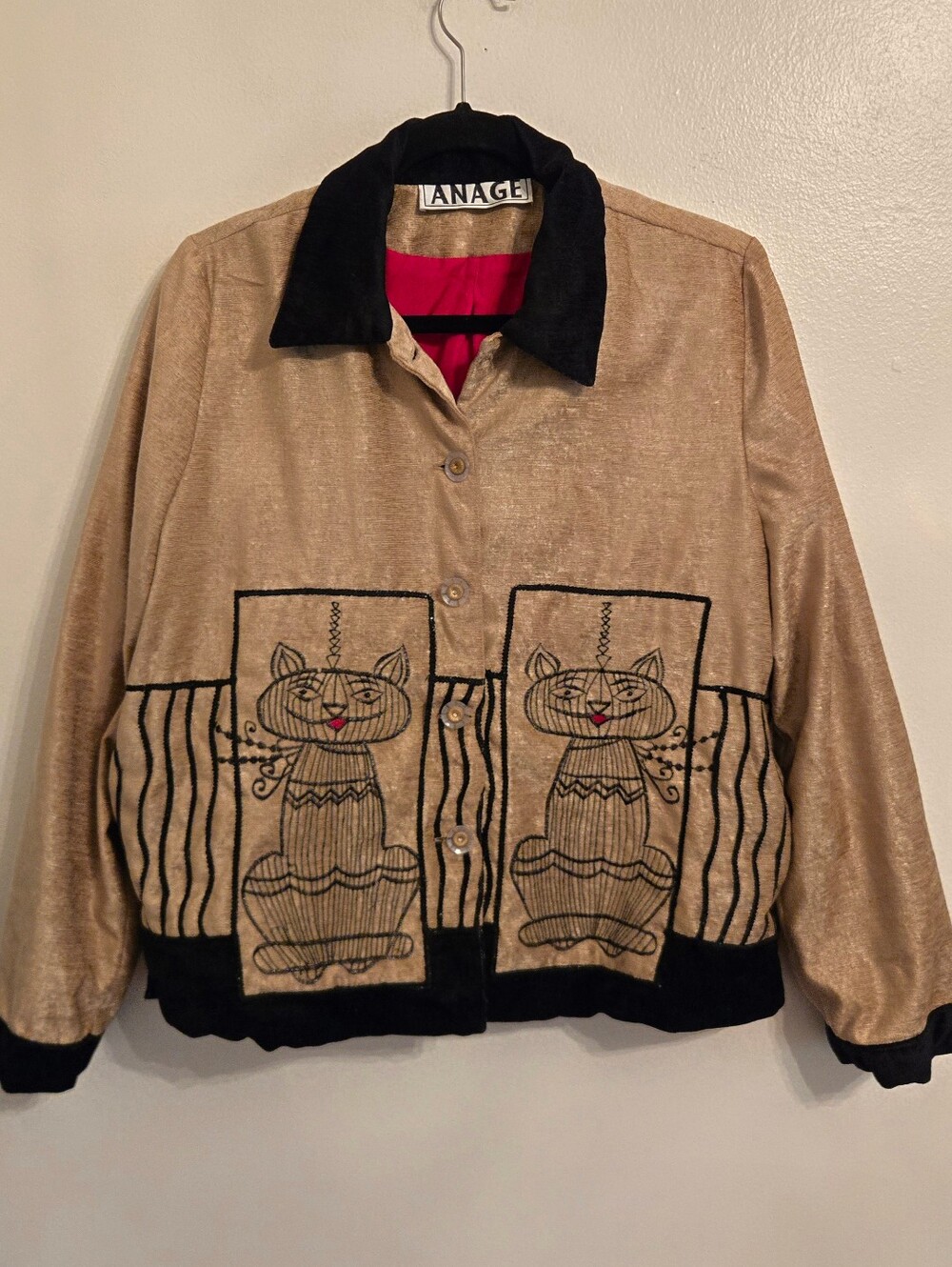Anage Vintage Gold Chenille Retro MCM Cat Jacket Size Medium
